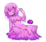  1girl aqua_eyes bangs breasts character_request closed_mouth collarbone colored_skin full_body hair_between_eyes hand_up leaning_back looking_at_viewer medium_breasts monster_girl multicolored_eyes navel nipples nude nyong_nyong personification pink_eyes pink_hair pink_pupils pink_skin purple_eyes purple_slime pussy reference_inset short_hair simple_background slime_(substance) slime_girl smile solo spread_legs terraria tongue tongue_out uncensored white_background 