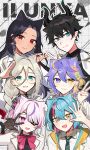  3boys 3girls :3 ahoge aia_amare animal_ears antenna_hair aqua_eyes arm_up aster_arcadia black_hair blonde_hair blue_eyes blue_hair bow braid cat_ears collared_shirt dark-skinned_female dark_skin ear_piercing earrings english_commentary eyepatch frilled_sleeves frills glasses gloves gradient_eyes grey_hair hair_between_eyes hair_bow hair_over_one_eye hair_over_shoulder heart heart_ahoge highres horns iluna_(nijisanji) jewelry kyo_kaneko lace lace_gloves long_hair long_sleeves maria_marionette mole mole_under_eye multicolored_eyes multicolored_hair multiple_boys multiple_girls necktie nijisanji nijisanji_en piercing pink_eyes pink_hair pointy_ears purple_eyes purple_hair red_eyes red_nails ren_zotto salute scarle_yonaguni shirt short_hair single_earring smile streaked_hair upper_body v virtual_youtuber w_over_eye waka_(wk4444) yellow_eyes 