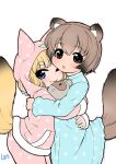  2girls :p animal_ear_fluff animal_ears artist_name between_breasts blonde_hair blue_dress blue_eyes breasts brown_eyes brown_hair dress face_between_breasts fang fox_ears fox_girl fox_tail from_side fur_trim head_between_breasts highres hood hug komugi_(lee) lee_(colt) long_hair looking_at_viewer miku_(lee) multiple_girls nightgown one_eye_closed oppai_loli original pajamas pants paw_print pink_pajamas pink_pants pink_shirt print_dress print_pants print_shirt raccoon_ears raccoon_girl raccoon_tail shirt short_hair sleepwear smile tail tongue tongue_out 