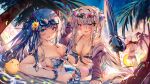  3girls absurdres animal_ears azur_lane backlighting bangs bare_shoulders beach bikini black_bikini blue_bikini blue_eyes blue_hair blush breasts cleavage closed_mouth cocktail_glass collarbone cup drinking_glass elbing_(azur_lane) evening eyewear_on_head flower hair_between_eyes hair_flower hair_ornament hat head_wreath heaven&#039;s_melody heterochromia highres hikimayu horns ibuki_(azur_lane) jacket large_breasts light_purple_hair long_hair looking_at_viewer manjuu_(azur_lane) mixed-language_commentary multiple_girls ocean off_shoulder on_water open_mouth outdoors rabbit_ears red_eyes scrunchie shimakaze_(azur_lane) sidelocks smile straw_hat summer sun_hat sunglasses sunset swimsuit tropical_drink two_side_up very_long_hair wrist_scrunchie yellow_eyes 