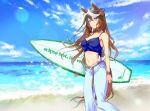  1girl animal_ears arm_at_side artist_name bangs bare_shoulders belt blush bracelet breasts brown_hair camisole cleavage cloud crop_top earrings feet_out_of_frame holding holding_surfboard horizon horse_ears horse_girl horse_tail jewelry lens_flare long_hair medium_hair midriff multicolored_hair navel ocean open_mouth outdoors panties purple_eyes quatraise sand single_earring smile solo sparkle streaked_hair surfboard sweat symboli_rudolf_(umamusume) tail twitter_username umamusume underwear walking water white_panties 