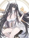  1girl absurdres antlers azur_lane bangs bare_legs bare_shoulders black_hair breasts character_request commentary_request dress echj feet_out_of_frame gloves grey_eyes hand_up highres large_breasts long_hair looking_at_viewer manjuu_(azur_lane) thighs very_long_hair white_background white_dress white_gloves 
