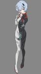  1girl 946083d1 ayanami_rei black_bodysuit black_vs_white blue_hair bodysuit border full_body grey_background hair_between_eyes highres looking_at_viewer neon_genesis_evangelion parted_lips plugsuit reaching_out red_eyes short_hair simple_background solo turtleneck 