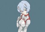  1girl 946083d1 ayanami_rei blue_background blue_hair bodysuit collarbone covered_collarbone film_grain grey_bodysuit hair_between_eyes neon_genesis_evangelion parted_lips plugsuit red_eyes short_hair solo turtleneck upper_body 