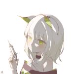  1girl animal_ear_fluff animal_ears arknights bangs bare_shoulders blush closed_mouth green_eyes hand_up holding holding_syringe kal&#039;tsit_(arknights) kuafunvkai off_shoulder simple_background solo syringe white_background white_hair 