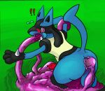 anal anal_oviposition anal_penetration animal_genitalia animal_penis anthro balls canine_penis egg exclamation_point genitals goo_creature looking_back lucario male nintendo oral oral_penetration oviposition penetration penis pok&eacute;mon pok&eacute;mon_(species) questionable_consent restrained solo video_games vulnec 