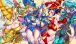  6+girls :o angel_wings animahakim apple_magician_girl berry_magician_girl blonde_hair blue_eyes blue_hair blush boots breast_poke breasts chocolate_magician_girl cleavage collarbone dark_magician_girl demon_wings duel_monster elbow_gloves embarrassed fairy_wings gloves green_eyes grin hat horned_hat hug huge_breasts jealous kiwi_magician_girl large_pectorals lemon_magician_girl long_hair looking_at_another medium_breasts medium_hair multiple_girls open_mouth orange_hair pacifier pectorals poking purple_hair red_eyes scepter shaded_face simple_background smile spandex teeth thighs upper_teeth very_long_hair winged_hat wings wizard_hat yellow_background yellow_eyes yu-gi-oh! yuri 
