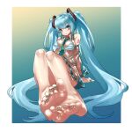  1girl anklet aqua_eyes aqua_hair bare_shoulders barefoot bikini blue_nails border breasts commentary_request detached_sleeves eiji_(eiji) feet foot_focus foreshortening green_necktie hair_ornament hatsune_miku highres jewelry leated_skirt legs_together long_hair looking_at_viewer medium_breasts nail_polish navel necktie see-through see-through_sleeves sitting skirt smile solo stomach string_bikini striped striped_bikini swimsuit toenail_polish toenails twintails very_long_hair vocaloid white_border 