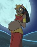  absurd_res anthro belly big_belly black_hair breasts convexpert cute_fangs disney disney&#039;s_aladdin domestic_cat felid feline felis female full_moon green_eyes hair hand_on_stomach headdress hi_res long_hair mammal mirage_(disney) moon navel night outie_navel pregnant sand_dune smile solo star 