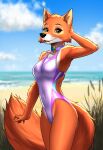  2022 5_fingers absurd_res anthro beach canid canine choker clothing cloud disney female fingers fox grass hi_res jewelry maid_marian mammal mykegreywolf necklace one-piece_swimsuit plant robin_hood_(disney) sand sea seaside sky solo swimwear water watermark 