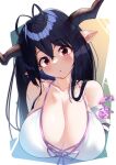  1girl :o absurdres ahoge bandages bare_shoulders bikini black_hair blush breasts danua granblue_fantasy head_tilt highres horns huge_breasts jimuin-t long_hair looking_at_viewer open_mouth pointy_ears red_eyes simple_background sparkle swimsuit upper_body 