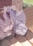  2girls bench blue_sweater blush brown_eyes brown_hair collared_shirt commentary covering_another&#039;s_mouth dappled_sunlight day eye_contact facing_another fingernails hand_on_another&#039;s_arm hand_on_another&#039;s_face hazuki_natsu highres imminent_kiss light_brown_hair long_hair looking_at_another multiple_girls original outdoors parted_lips pleated_skirt purple_sweater school_uniform shirt short_hair signature sitting skirt sunlight sweater twitter_username white_shirt yuri 