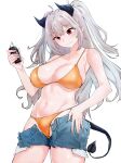  1girl absurdres bare_arms bare_shoulders bikini blue_shorts blush breasts cleavage closed_mouth clothes_pull collarbone cowboy_shot demon_girl demon_horns demon_tail grey_hair hand_on_hip highres holding horns large_breasts long_hair navel open_clothes open_fly open_shorts orange_bikini original p220_31495 pointy_ears shorts shorts_pull smile solo stomach swimsuit tail two_side_up undressing very_long_hair 