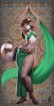 absurd_res anthro belly_dancer belly_dancer_outfit bracelet breasts brown_body clothed clothing female green_clothing green_eyes hi_res jewelry mammal markings midriff procyonid raccoon small_breasts solo tail_markings w4g4 