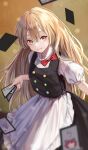  1girl absurdres apron blonde_hair blurry blurry_background blurry_foreground bow card depth_of_field highres holding holding_card kirisame_marisa long_hair puffy_short_sleeves puffy_sleeves red_bow short_sleeves torinari_(dtvisu) touhou waist_apron 