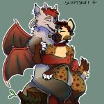  animal_humanoid anthro canid canine canis claws digital_media_(artwork) dragon duo fur hair hellers humanoid hyaenid hybrid male male/male mammal nude open_mouth scalie simple_background sleepysluff smile spotted_hyena wings 