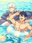  2boys absurdres ass bangs black_bodysuit black_hair blue_eyes bodysuit closed_eyes day fate/grand_order fate_(series) fujimaru_ritsuka_(male) highres innertube lying male_focus male_swimwear multiple_boys muscular muscular_male on_stomach open_mouth outdoors partially_submerged percival_(fate) red_bodysuit short_hair smile surfboard teeth topless_male twitter_username two-tone_bodysuit water white_hair yaosan233 