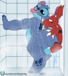  absurd_res anal anal_penetration anthro balls bandai_namco big_butt bodily_fluids butt cum digimon digimon_(species) disney duo fucked_silly genital_fluids genitals guilmon hi_res lilo_and_stitch male male/male overweight overweight_anthro penetration power_bottom shower stitch_(lilo_and_stitch) text theoryofstrings tongue tongue_out url 