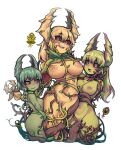  3girls :d bangs black_sclera blonde_hair braid breasts character_request closed_mouth colored_sclera colored_skin girl_sandwich green_hair green_skin hair_between_eyes highres large_breasts leaf long_hair medium_breasts monster_girl multicolored_hair multiple_girls nipples nyong_nyong open_mouth orange_eyes personification plant plant_girl purple_hair pussy reference_inset sandwiched simple_background single_braid small_breasts smile teeth terraria two-tone_hair uncensored vines white_background yellow_skin 