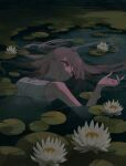  1girl absurdres arm_up brown_hair chokopi dress flower highres lily_pad original partially_submerged solo upper_body water water_lily_flower white_dress 