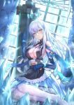  1girl bangs black_dress blue_gloves blush breasts character_request cleavage closed_mouth dress elbow_gloves gloves ice large_breasts long_hair looking_at_viewer pantyhose qian_wu_atai smile solo tower_of_fantasy white_hair white_pantyhose 