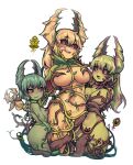  3girls :d areola_slip bangs black_sclera blonde_hair braid breasts character_request closed_mouth colored_sclera colored_skin girl_sandwich green_hair green_skin hair_between_eyes highres large_breasts leaf long_hair medium_breasts monster_girl multicolored_hair multiple_girls nyong_nyong open_mouth orange_eyes personification plant plant_girl purple_hair reference_inset sandwiched simple_background single_braid small_breasts smile teeth terraria two-tone_hair vines white_background yellow_skin 