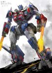  arm_blade autobot blue_eyes clenched_hands glowing glowing_eyes highres looking_down mecha optimus_prime robot sadamatsu_ryuuichi science_fiction smoke solo standing transformers transformers:_dark_of_the_moon transformers_(live_action) weapon 