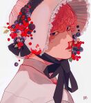  1boy bangs berry black_eyes black_ribbon blackberry_(fruit) blood blueberry bonnet closed_mouth collared_shirt crossdressing currant food frilled_hat frills from_behind fruit fruit_hat_ornament hat hat_ribbon highres kagoya1219 lace lace-trimmed_headwear lace_trim leaf looking_at_viewer looking_back male_focus nosebleed original pink_headwear pink_shirt portrait raspberry red_hair ribbon shadow shirt short_hair signature simple_background solo white_background 