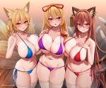  3girls :o :p :q alternate_breast_size animal_ear_fluff animal_ears bikini breasts brown_hair cat_ears cat_tail chen closed_mouth commentary_request cowboy_shot fox_ears fox_shadow_puppet huge_breasts long_hair looking_at_viewer marota multiple_girls multiple_tails nail_polish no_hat no_headwear older orange_eyes parted_lips purple_eyes skindentation smile swimsuit tail thighhighs tongue tongue_out touhou very_long_hair white_thighhighs yakumo_ran yakumo_yukari 