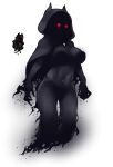  1girl black_capelet black_skin breasts capelet character_request colored_skin darkness full_body highres hood hooded_capelet large_breasts navel nude nyong_nyong red_eyes reference_inset simple_background solo terraria torn_capelet torn_clothes white_background 