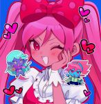  1girl 2boys blue_hair blue_skin blush bow captain_spaceboy chibi colored_skin dark-skinned_female dark_skin heart highres holding holding_paintbrush holding_palette long_hair looking_at_viewer multiple_boys omori one_eye_closed open_mouth paintbrush palette_(object) pink_bow pink_eyes pink_hair pointy_ears puffy_short_sleeves puffy_sleeves purple_skin red_nails rococo_(omori) short_hair short_sleeves smile sweetheart_(omori) swh_78 twintails upper_body yellow_eyes 