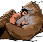  abs anthro beard big_muscles big_pecs black_hair body_hair canid canine canis chest_hair cuddling dopq duo embrace eyes_closed facial_hair fur hair hi_res holding_partner hug human human_on_anthro interspecies larger_anthro larger_male looking_at_another male male/male mammal multicolored_body multicolored_fur muscular muscular_anthro muscular_human muscular_male mustache nipples nude orange_body orange_fur pecs romantic romantic_couple size_difference sleeping smaller_human smaller_male white_body white_fur wolf 