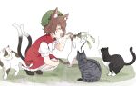  1girl afterimage animal animal_ears black_cat cat cat_ears cat_tail chen earrings from_side happy highres jewelry multiple_tails nekomata playing profile sasaki_sakiko tail touhou two_tails 