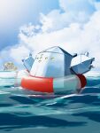  absurdres blue_sky cloud cloudy_sky day duck_innertube highres ice in_water innertube looking_up no_humans ocean outstretched_arms partially_submerged pokemon pokemon_(creature) regice regigigas sky striped_innertube suchi_(fsur7444) yellow_eyes 