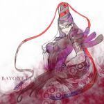  1girl bangs bayonetta bayonetta_(series) beehive_hairdo black_bodysuit black_hair bodysuit breasts chain character_name glasses hair_ornament hair_ribbon hair_up hand_on_own_chest large_breasts long_hair long_sleeves mole mole_under_mouth nanami_(fuku) parted_lips red_ribbon ribbon solo swept_bangs upper_body white_background 