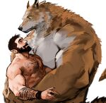  abs anthro beard big_muscles big_pecs black_hair body_hair canid canine canis chest_hair dopq duo embrace eye_contact facial_hair fur hair hi_res holding_partner hug human human_on_anthro interspecies larger_anthro larger_male looking_at_another male male/male mammal multicolored_body multicolored_fur muscular muscular_anthro muscular_human muscular_male mustache nipples nude orange_body orange_fur pecs romantic romantic_couple size_difference smaller_human smaller_male white_body white_fur wolf 