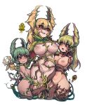  3girls :d bangs black_sclera blonde_hair braid breasts character_request closed_mouth colored_sclera girl_sandwich green_hair hair_between_eyes highres large_breasts leaf long_hair medium_breasts monster_girl multicolored_hair multiple_girls nipples nyong_nyong open_mouth orange_eyes personification plant plant_girl purple_hair pussy reference_inset sandwiched simple_background single_braid small_breasts smile teeth terraria two-tone_hair uncensored vines white_background 