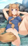  1girl animal_ear_fluff animal_ears bangs beach blush breasts brown_hair entogman highres long_hair looking_at_viewer lying on_back one-piece_swimsuit raccoon_ears raccoon_girl raccoon_tail raphtalia red_eyes rock solo swimsuit tail tate_no_yuusha_no_nariagari thighs very_long_hair water 