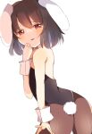  1girl alternate_costume animal_ears ass bangs black_hair black_leotard blush brown_pantyhose commentary_request cowboy_shot flat_chest floppy_ears hair_between_eyes highres inaba_tewi leotard looking_at_viewer looking_back open_mouth pantyhose playboy_bunny rabbit_ears rabbit_girl rabbit_tail red_eyes short_hair simple_background smile smug solo strapless strapless_leotard tail touhou white_background wrist_cuffs zeroko-san_(nuclear_f) 
