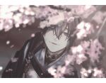 1boy armor bangs black_gloves black_hair blue_eyes blurry branch cherry_blossoms chest_guard closed_mouth dappled_sunlight day depth_of_field falling_petals from_above gloves hair_between_eyes hand_up highres japanese_armor japanese_clothes kariginu letterboxed long_sleeves looking_at_viewer looking_up male_focus mikazuki_munechika neck_tassel petals portrait r_a_y0 reaching reaching_out smile solo sunlight tassel touken_ranbu wind 