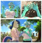  amber_eyes anthro anthrofied anthroponiessfm blue_eyes blue_hair blush bonbon_(mlp) breasts cleavage clothed clothing earth_pony equid equine friendship_is_magic green_hair hair hand_holding hi_res horn horse lyra_heartstrings_(mlp) mammal multicolored_hair my_little_pony pink_hair pony two_tone_hair unicorn white_hair 