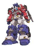  absurdres arm_cannon autobot blue_eyes highres holding holding_sword holding_weapon looking_ahead mecha nasutetsu optimus_prime redesign robot science_fiction solo sword transformers weapon wheel white_background 