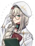  1girl adjusting_eyewear aia_amare beret book braid breasts glasses gloves green_eyes hat highres jacket kiyukyuu looking_at_viewer medium_breasts nijisanji nijisanji_en solo white_gloves white_hair white_headwear white_jacket 