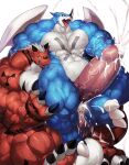  abdominal_bulge abs ambiguous_penetration anthro balls bandai_namco biceps big_balls big_muscles big_penis bodily_fluids claws cum digimon digimon_(species) duo excessive_cum exveemon genital_fluids genitals growlmon hand_on_penis hi_res huge_balls huge_muscles huge_penis hyper hyper_balls hyper_genitalia hyper_muscles hyper_penis kitora male male/male muscular nude open_mouth pecs penetration penis saliva simple_background sweat tongue tongue_out vein veiny_muscles veiny_penis 