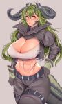  1girl arknights bandeau bangs brown_eyes commentary_request cowboy_shot crocodilian_tail estelle_(arknights) gloves green_hair grey_background grey_gloves grey_jacket grey_pants groin hair_between_eyes highres horns jacket juliet_sleeves long_hair long_sleeves looking_at_viewer midriff navel open_clothes open_jacket pants parted_lips puffy_sleeves scar simple_background solo standing stomach taiko3000cc tail thighs very_long_hair 
