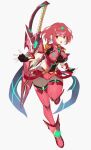  1girl aegis_sword_(xenoblade) bangs black_gloves breasts chest_jewel earrings fingerless_gloves gem gloves headpiece highres jewelry kinagi_(3307377) large_breasts looking_at_viewer pyra_(xenoblade) red_eyes red_hair red_shorts short_hair short_shorts shorts solo swept_bangs sword thighhighs tiara weapon xenoblade_chronicles_(series) xenoblade_chronicles_2 