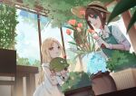  2girls :d absurdres aisuqinle blonde_hair brown_hair doll dress emma_woods flower flower_pot gloves hat highres holding identity_v indoors long_hair medium_hair multiple_girls overalls smile sun_hat trellis white_dress white_gloves window yellow_eyes 