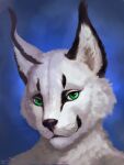  2022 dimonis felid feline fur green_eyes headshot_portrait hi_res lynx mammal portrait signature simple_background smile watermark white_body white_fur 