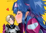  1boy 1girl blue_hair blush giant giantess glasses hair_ears hanami_(mimi_01281218) hand_on_another&#039;s_arm heart hetero highres imminent_kiss kiss kissing_cheek klan_klein long_hair macross macross_frontier mikhail_buran pilot_suit pointy_ears size_difference sweatdrop twitter_username two_side_up yellow_background 