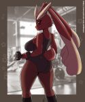  anthro big_breasts bodily_fluids breasts brown_body brown_fur butt clothed clothing dumbbell exercise female fur hi_res lopunny nintendo pok&eacute;mon pok&eacute;mon_(species) quakebrothers solo sweat video_games weightlifting weights workout 